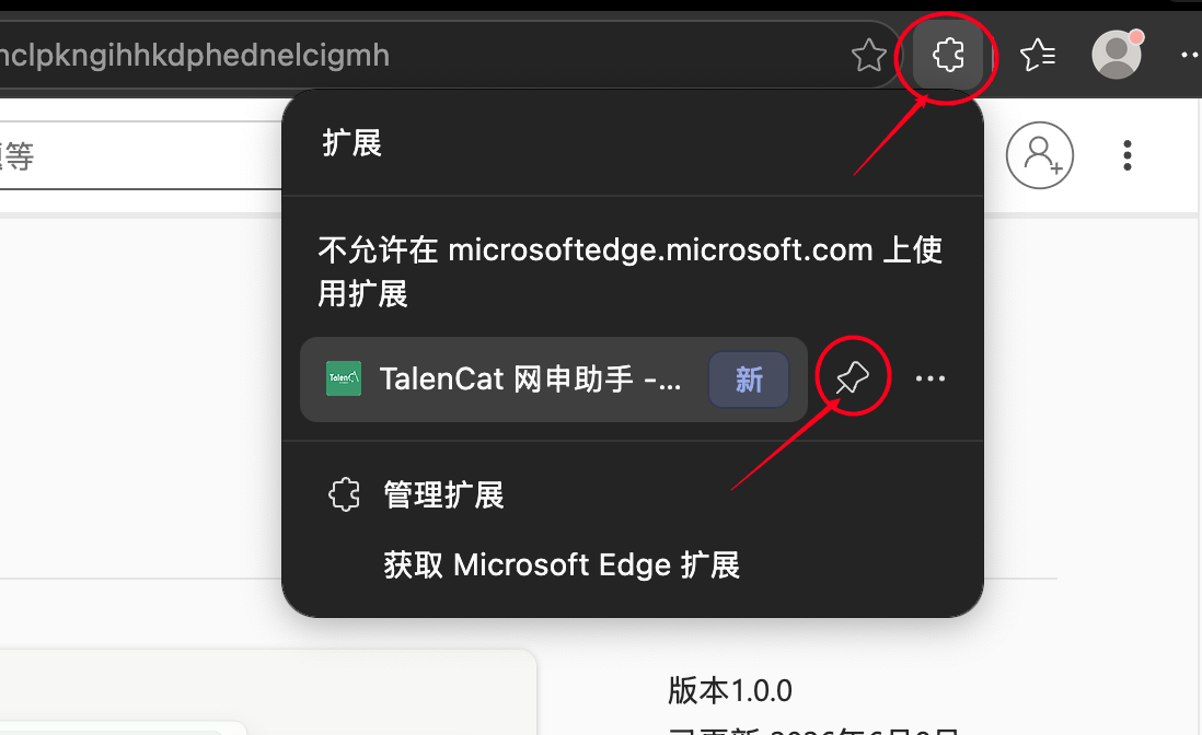 Microsoft Edge 工具栏固定 TalenCat 网申助手插件